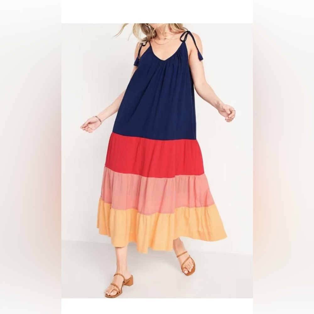 Old Navy Color Block‎ Navy Red Orange Maxi Tiered Cami Swing Beach Dress S